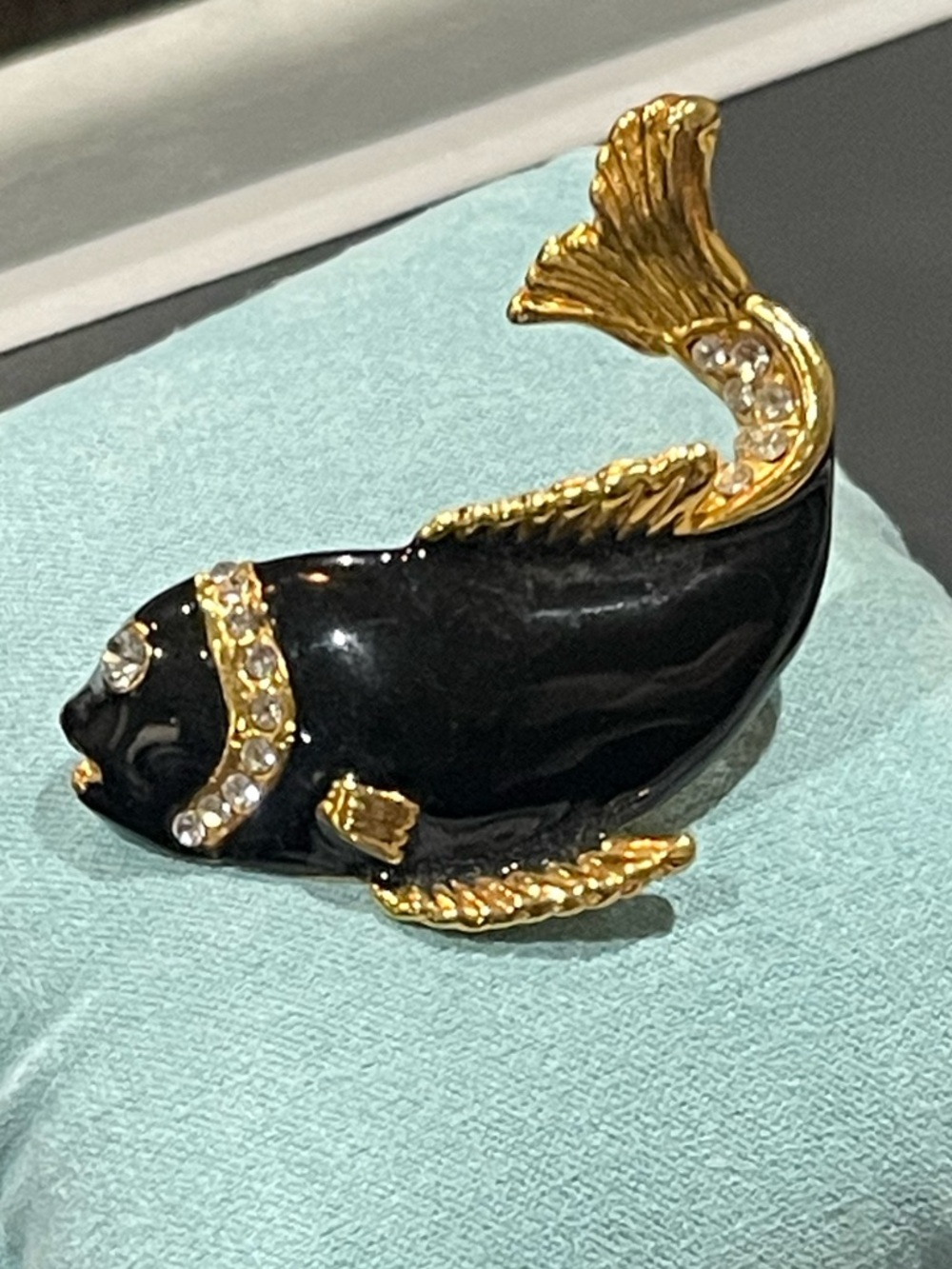 Gold-Accented Black Enamel Fish Brooch - Women's Accessories